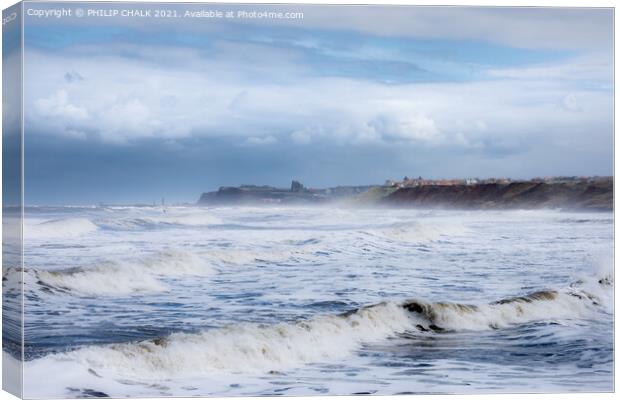 Whitby abbey through sea mist from Sandsend 476  Canvas Print by PHILIP CHALK