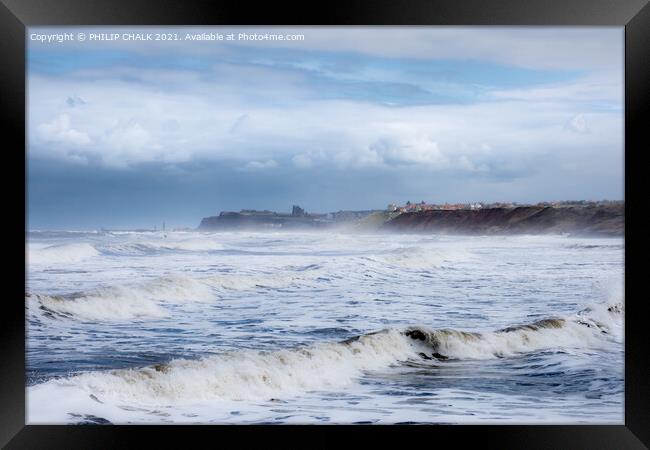 Whitby abbey through sea mist from Sandsend 476  Framed Print by PHILIP CHALK
