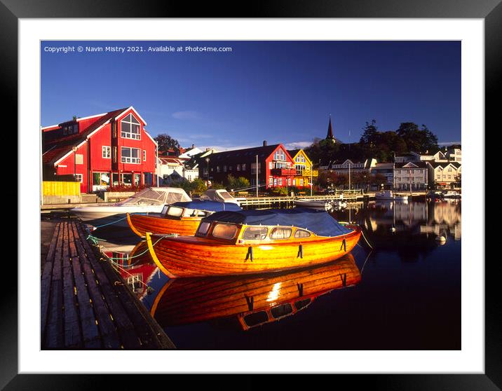 The Harbour, Grimstad, Norway Framed Mounted Print by Navin Mistry
