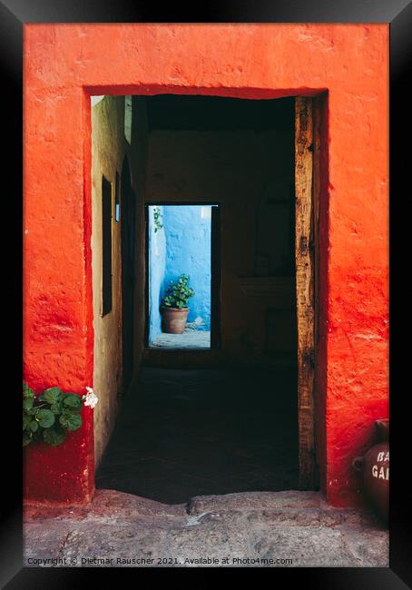 Door with Orange Walls in Santa Catalina Monastery, Arequipa, Peru Framed Print by Dietmar Rauscher