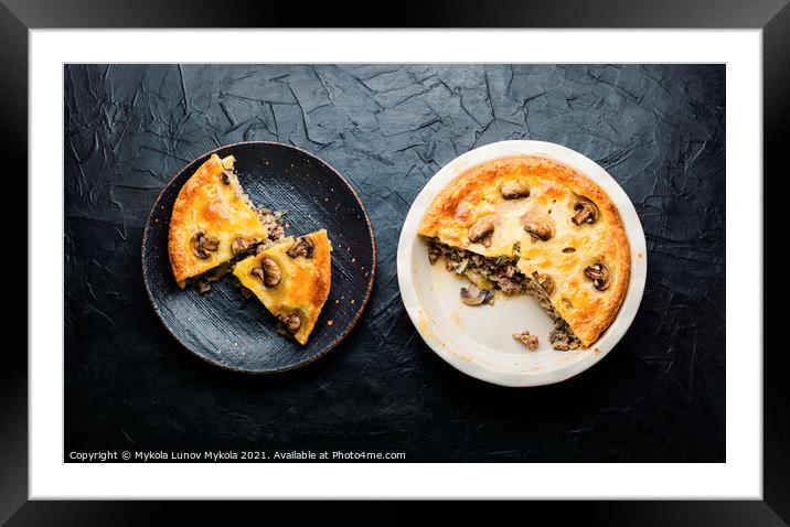 Meat pie with champignon,top view Framed Mounted Print by Mykola Lunov Mykola