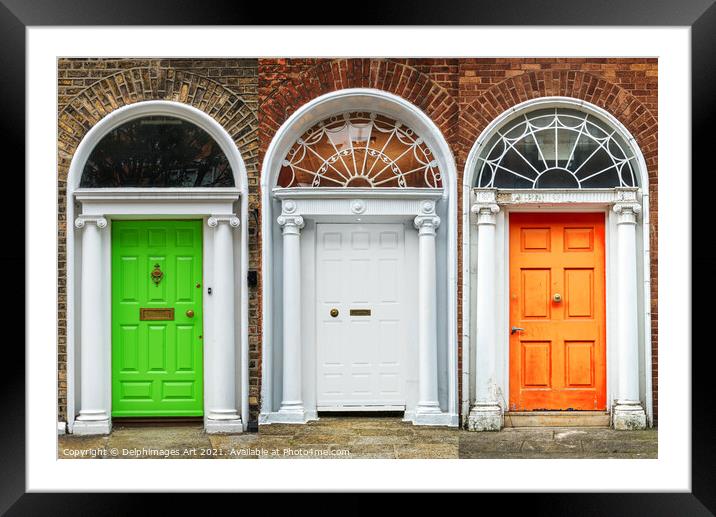 Patriot doors in Dublin, irish flag colours Framed Mounted Print by Delphimages Art