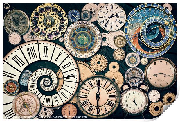 Time machine, Vintage clocks and gear collection Print by Delphimages Art