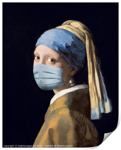 Girl with a pearl earring and a mask Print by Delphimages Art