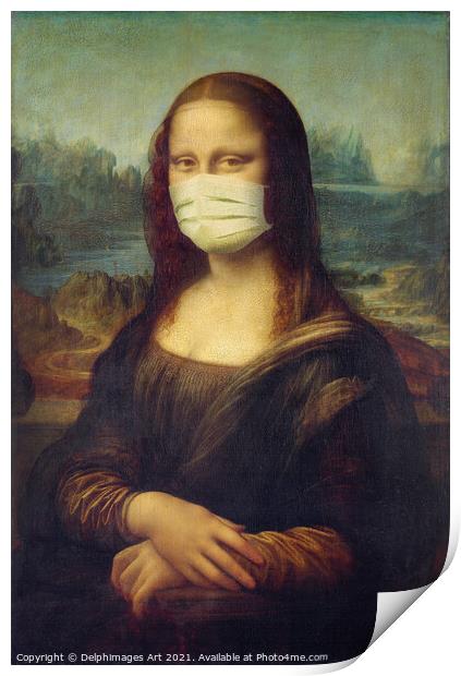 Mona Lisa wearing a mask, covid-19 fun art Print by Delphimages Art