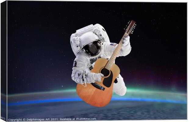 Space guitar, astronaut playing guitar Canvas Print by Delphimages Art