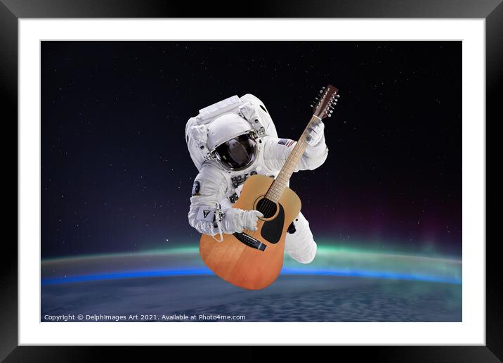 Space guitar, astronaut playing guitar Framed Mounted Print by Delphimages Art