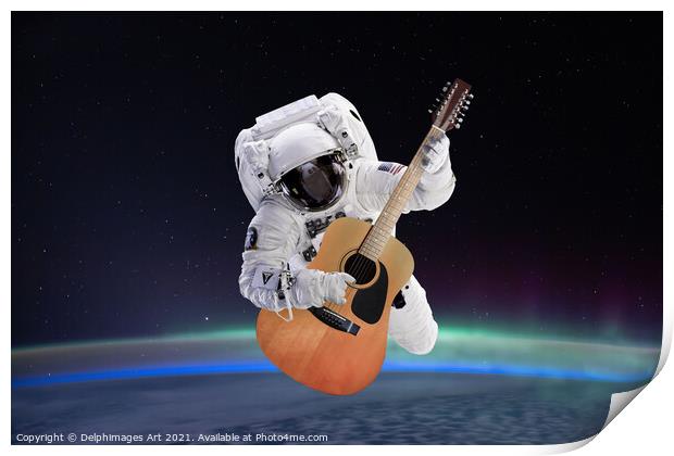 Space guitar, astronaut playing guitar Print by Delphimages Art