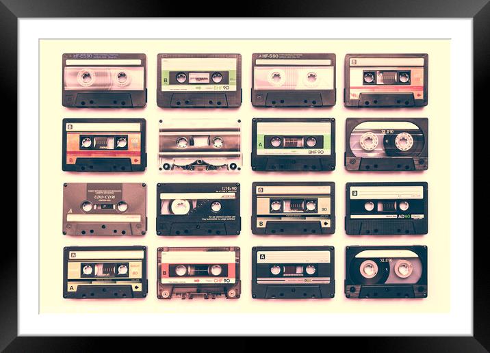 Collection of cassette tapes, vintage music Framed Mounted Print by Delphimages Art