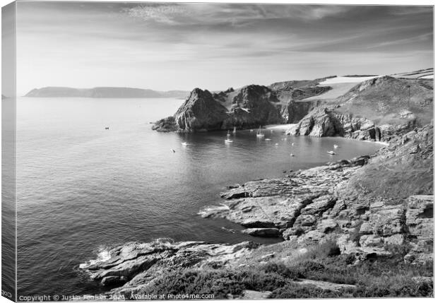 Gammon Head in black and white, near Prawle Point, Canvas Print by Justin Foulkes