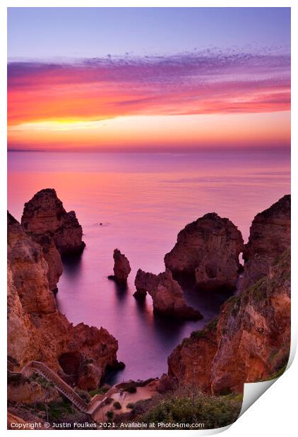 Ponta da Piedade at sunrise, Algarve, Portugal Print by Justin Foulkes