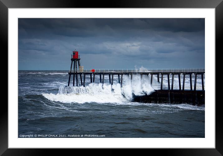 crashing waves on Whitby pier on the Yorkshire east coast 477 Framed Mounted Print by PHILIP CHALK