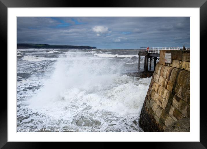 Whitby west pier with waves crashing through the gap 480  Framed Mounted Print by PHILIP CHALK