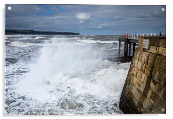 Whitby west pier with waves crashing through the gap 480  Acrylic by PHILIP CHALK