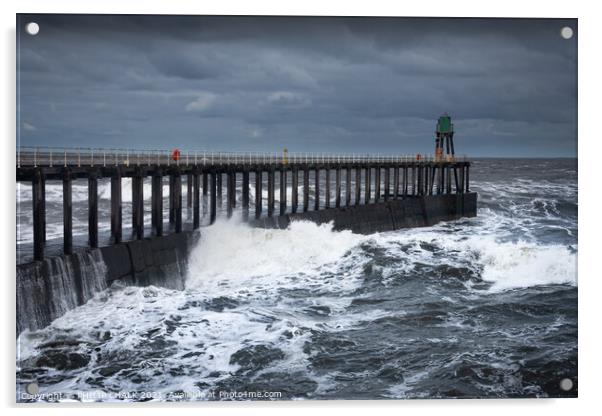 Whitby pier getting battered by a north easterly storm 482  Acrylic by PHILIP CHALK