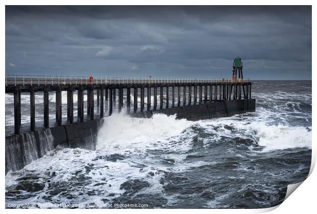 Whitby pier getting battered by a north easterly storm 482  Print by PHILIP CHALK