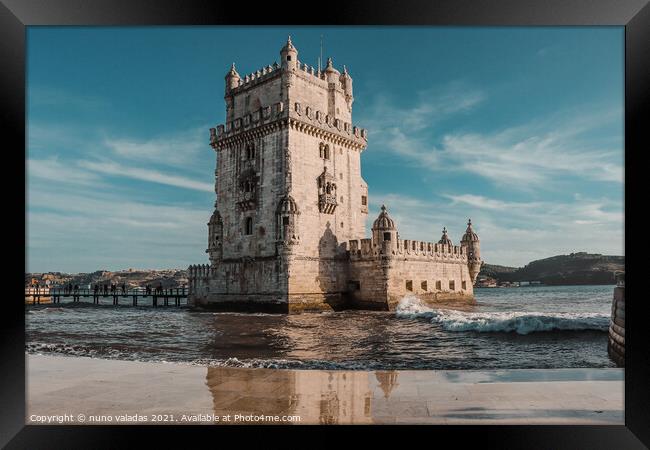 View at the Belem tower at the bank of Tejo River  Framed Print by nuno valadas