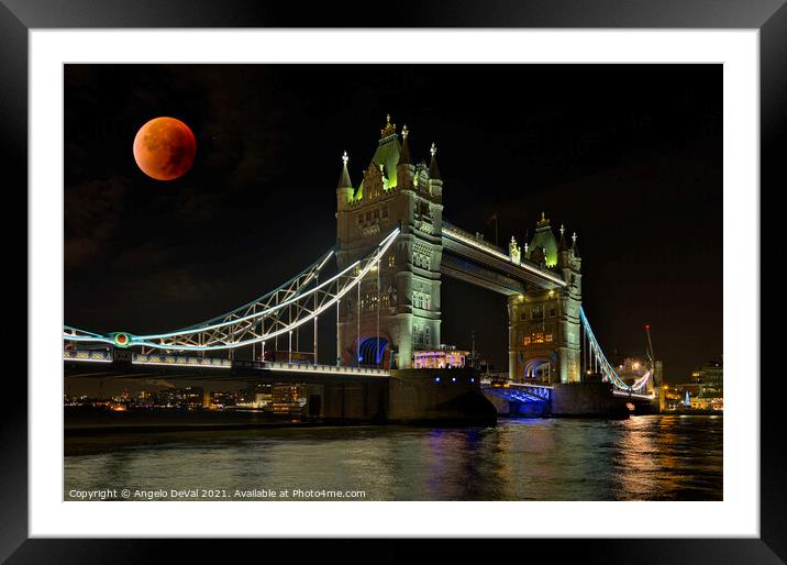 Tower Bridge and Red Moon Framed Mounted Print by Angelo DeVal