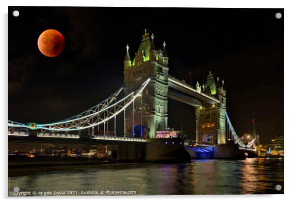 Tower Bridge and Red Moon Acrylic by Angelo DeVal