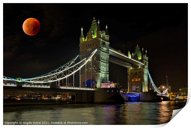 Tower Bridge and Red Moon Print by Angelo DeVal
