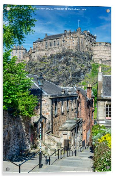 The Vennel and Edinburgh Castle Acrylic by Angus McComiskey