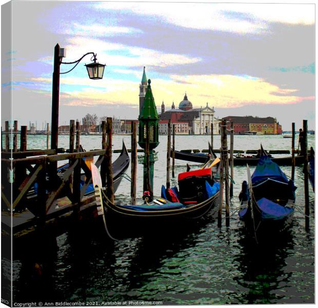 Gondolas on the lagoon in Venice Canvas Print by Ann Biddlecombe