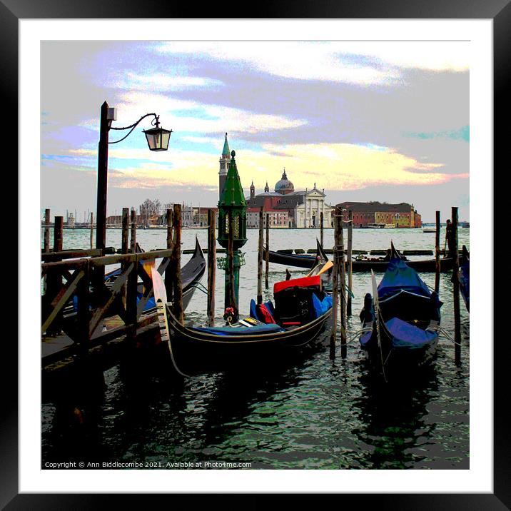 Gondolas on the lagoon in Venice Framed Mounted Print by Ann Biddlecombe