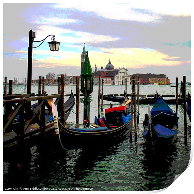 Gondolas on the lagoon in Venice Print by Ann Biddlecombe