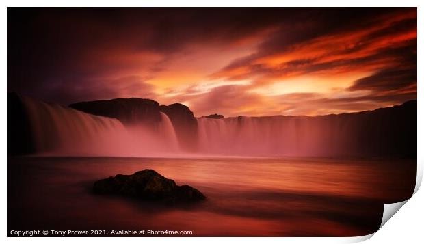 Goðafoss waterfall red Print by Tony Prower