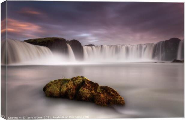 Goðafoss waterfall moss rock Canvas Print by Tony Prower