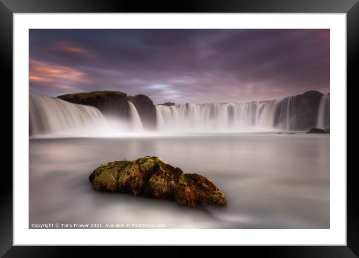 Goðafoss waterfall moss rock Framed Mounted Print by Tony Prower
