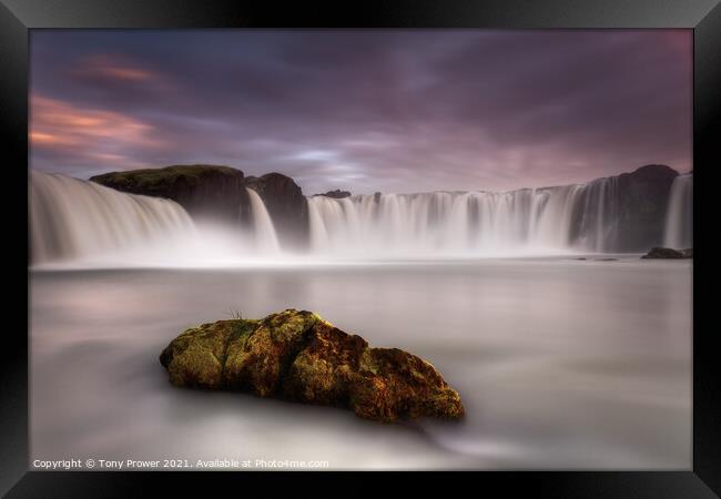 Goðafoss waterfall moss rock Framed Print by Tony Prower