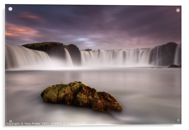 Goðafoss waterfall moss rock Acrylic by Tony Prower