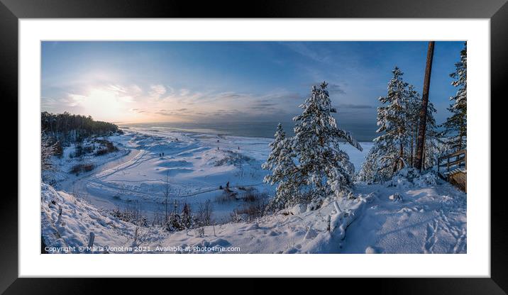 Snowy fir trees near Baltic sea coast Framed Mounted Print by Maria Vonotna