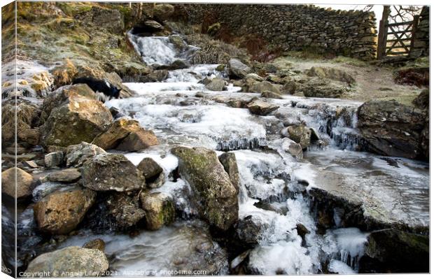 Frozen waterfall Angle Tarn Beck in Cumbria Canvas Print by Angela Lilley
