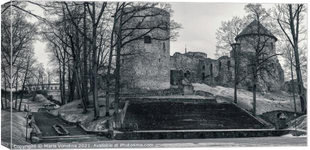 Black and white photo of old medieval Cesis Castle castle Canvas Print by Maria Vonotna