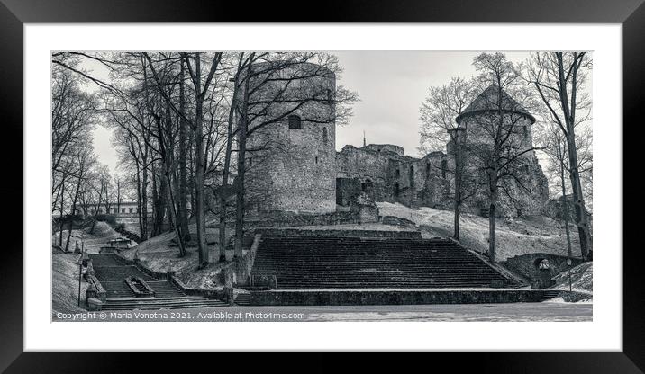 Black and white photo of old medieval Cesis Castle castle Framed Mounted Print by Maria Vonotna