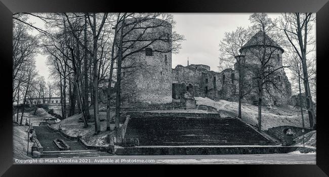Black and white photo of old medieval Cesis Castle castle Framed Print by Maria Vonotna