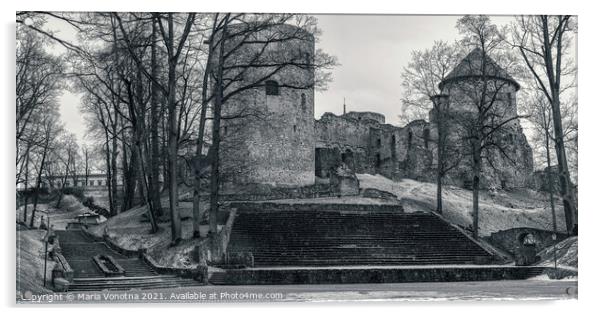 Black and white photo of old medieval Cesis Castle castle Acrylic by Maria Vonotna