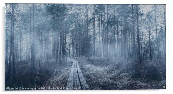 Misty coniferous forest with pine trees and wooden path Acrylic by Maria Vonotna