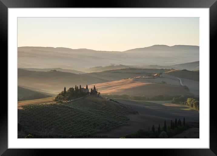 Podere Belvedere Villa in Val d'Orcia Region in Tuscany, Italy at Sunrise Framed Mounted Print by Dietmar Rauscher