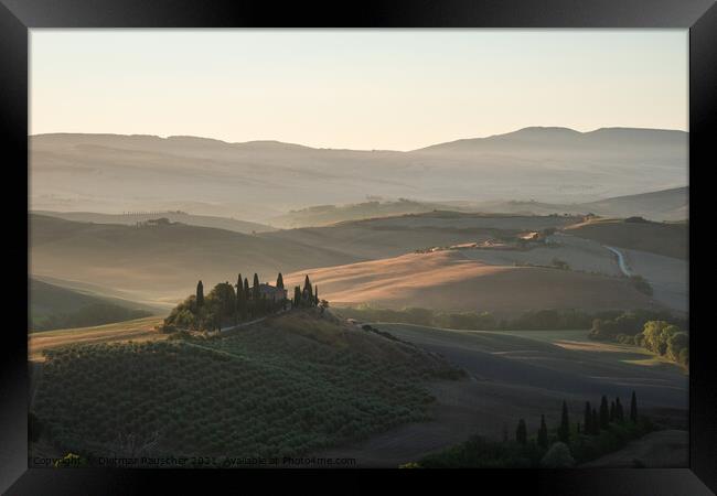 Podere Belvedere Villa in Val d'Orcia Region in Tuscany, Italy at Sunrise Framed Print by Dietmar Rauscher