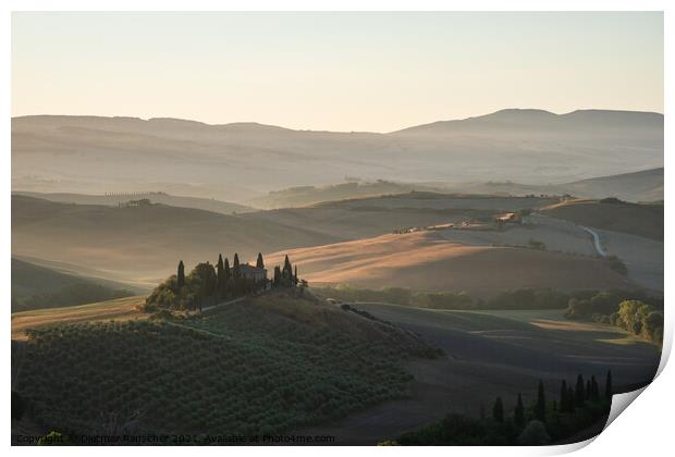 Podere Belvedere Villa in Val d'Orcia Region in Tuscany, Italy at Sunrise Print by Dietmar Rauscher