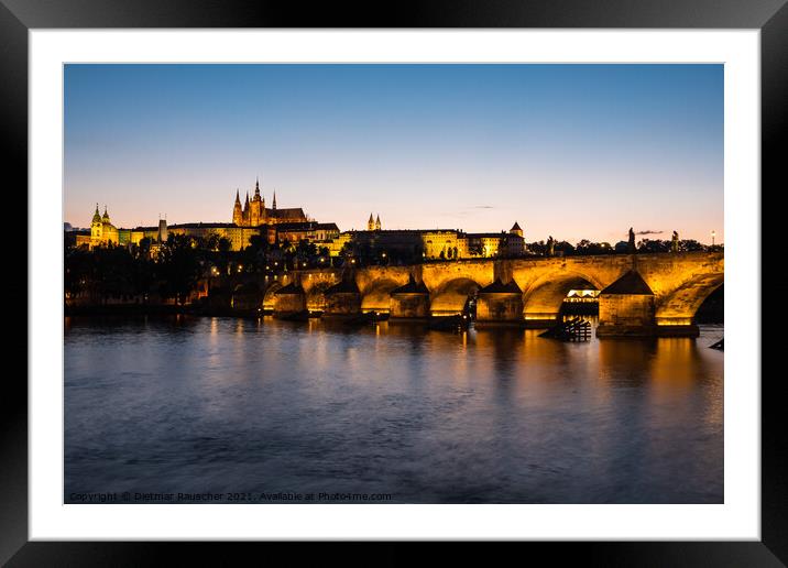 Charles Bridge in Prague at Night,  Saint Vitus Cathedral at Dus Framed Mounted Print by Dietmar Rauscher