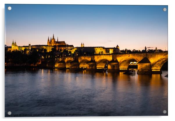 Charles Bridge in Prague at Night,  Saint Vitus Cathedral at Dus Acrylic by Dietmar Rauscher