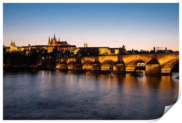 Charles Bridge in Prague at Night,  Saint Vitus Cathedral at Dus Print by Dietmar Rauscher