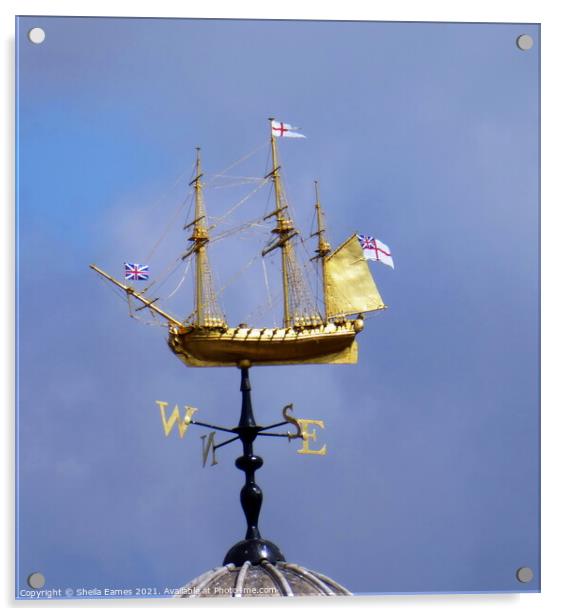 Golden Weather Vane Ship Acrylic by Sheila Eames