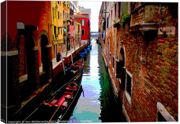 Posterized Side street in Venice Canvas Print by Ann Biddlecombe