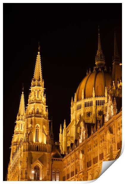 Hungarian Parliament Building Closeup at Night in Budapest Print by Artur Bogacki