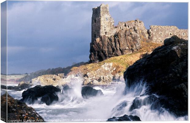 Stormy winter seas break against the rocky shore at Dunure Castle Canvas Print by Alister Firth Photography